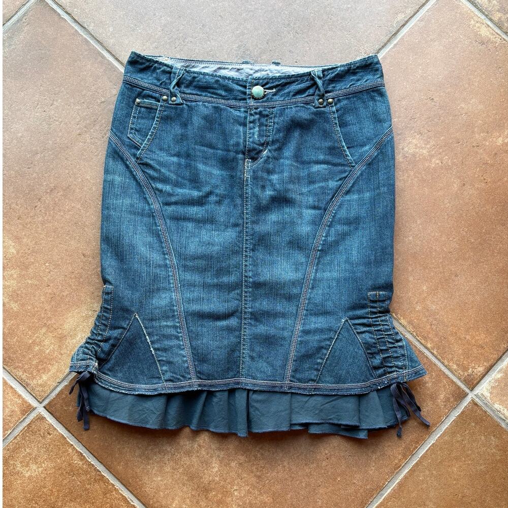 Vintage Y2K Armani Exchange Denim Trumpet Skirt w Ruffle and Godet Pleats size 4